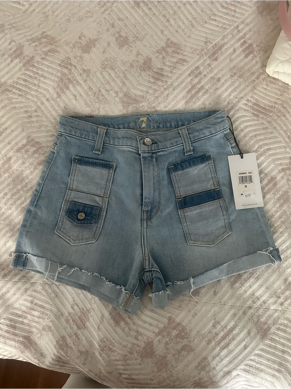 7 For All Mankind Light Blue Patch-Pocket Denim Shorts